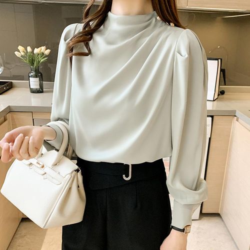 Cheap Fashion Long Sleeve Chiffon Blouse Women Casual Tops Female Stand  Collar Slim Elegant Floral Shirt Women's Clothing