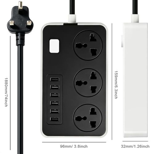 Generic 3 Outlets Universal Power Strip with 6 USB Ports, 2M UK Plug Extension Cord, Multi-Type Socket Surge Protector for Home Office Use - image 2