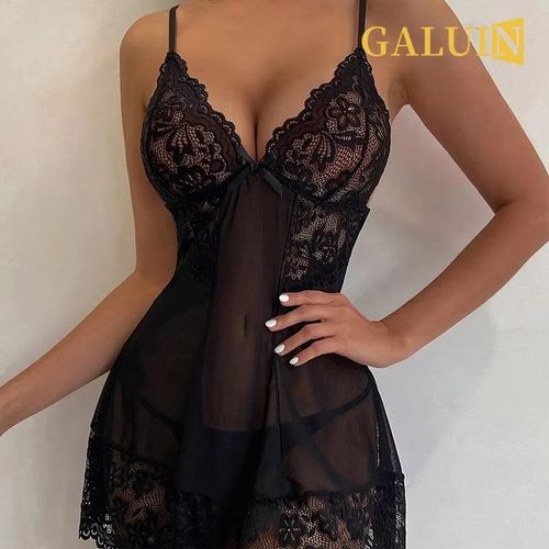 product_image_name-GALUIN-Sexy Deep V New See Through Black Lace Bow Bra Women's Sleeping Skirt Set Erotic Temptation Exotic Mini Dress Babydolls Lingerie-6