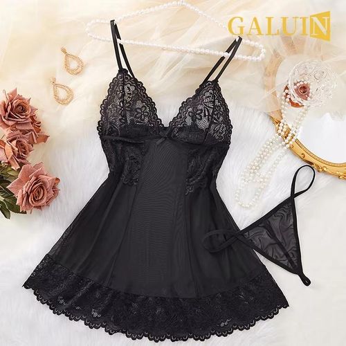 product_image_name-GALUIN-Sexy Deep V New See Through Black Lace Bow Bra Women's Sleeping Skirt Set Erotic Temptation Exotic Mini Dress Babydolls Lingerie-8