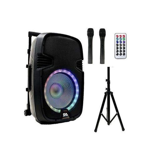 Generic 15" Rechargeable Bluetooth PA System With 2 Wireless Microphone and Stand- Black