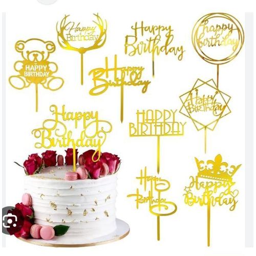 AD 3pcs Happy Birthday Cake Topper For Cake Decoration - Gold