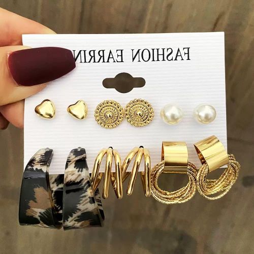 product_image_name-Fashion-12 pairs great value earrings stud jewelry combination Gold Leopard Circle Diamond Pearl-4
