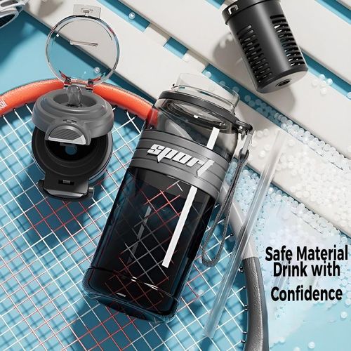 product_image_name-Advenza-Double-Drinking Straw Plastic Cup - High-Value Appearance, Large Capacity, Suitable for Men's Outdoor Sports, Flip-Top Water Bottle-Black Gradient-2