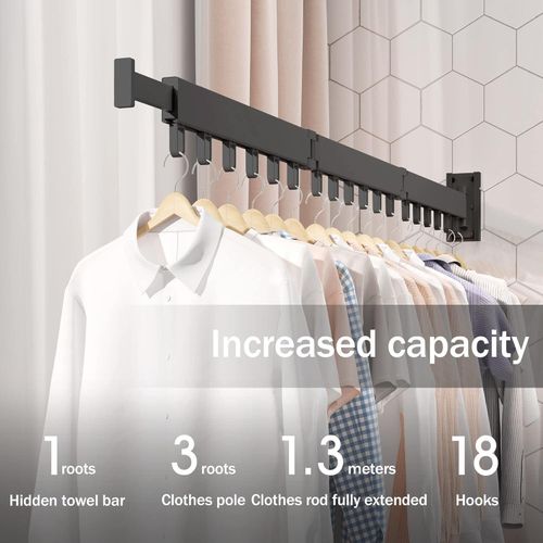 TodyJeyHo Laundry rack, wall mounted, wall assembly, three-fold folding, removable stand, hook for hanging, black - image 3