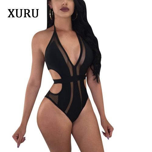 Shop Generic Women Beach Bodysuits Blue Black See Through Mesh Hollow Out  Lace Up Rompers Sexy Bodysuits Night Wear Halter Bodysuit-black Online