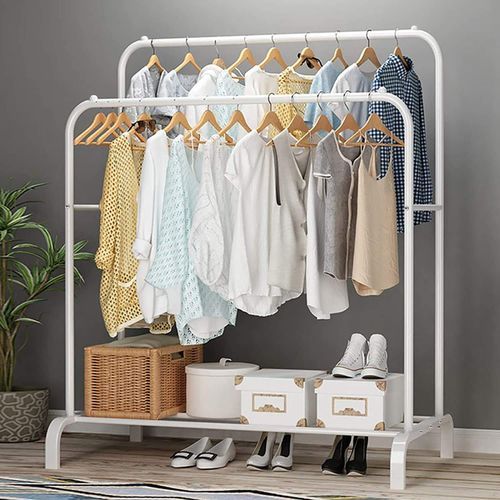 product_image_name-White Label-Double Clothes Rack With Shoes Rack - White-1