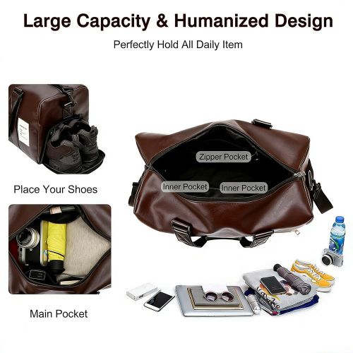 product_image_name-Fashion-PU Leather Sports Gym Bag Waterproof  Crossbody Shoulder Bag Mens Duffle Bag with Shoes Compartment Flight ( Brown)-4
