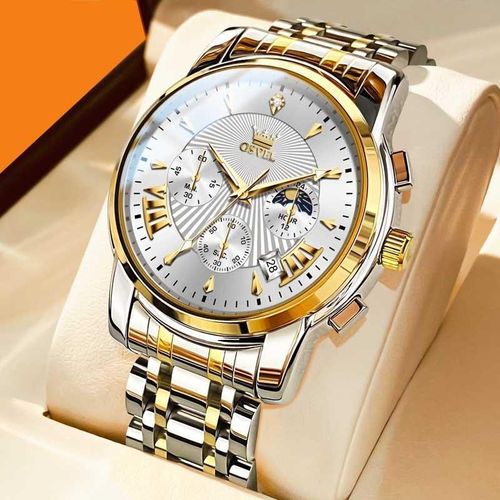 product_image_name-Fashion-Two-Tone Multi-Function Men’s Watch - Moon Phase Chronograph Business Style Wristwatch-1