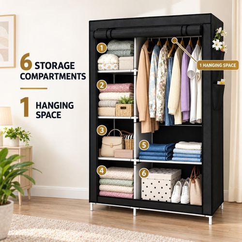 LM  Fabric Wardrobe – 6‑shelf & 1 hanging‑rod design, dust‑proof zipper cover, steel‑tube frame large‑capacity closet  - Black - image 3