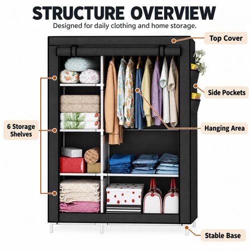 LM  Fabric Wardrobe – 6‑shelf & 1 hanging‑rod design, dust‑proof zipper cover, steel‑tube frame large‑capacity closet  - Black - image 4