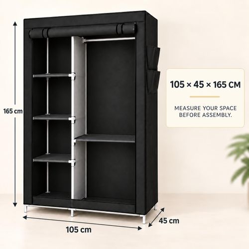 LM  Fabric Wardrobe – 6‑shelf & 1 hanging‑rod design, dust‑proof zipper cover, steel‑tube frame large‑capacity closet  - Black - image 7