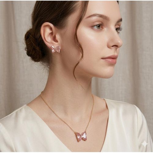 product_image_name-Generic-3-in-1 Luxury Pink Crystal Butterfly Jewelry Set - Necklace, Earrings & Adjustable Ring-3
