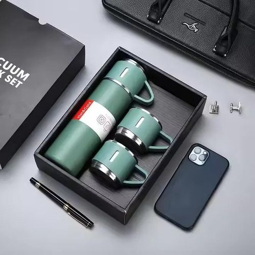 Generic Double Layer Vacuum Flask with 2 Extra Cups - 500ml - LIGHT GREEN