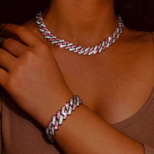 product_image_name-ARHANORY-2 Pieces/Set Pink Link Chain For Men Cuban Necklace and Bracelet Iced Out Miami Hip Hop Jewelry-7