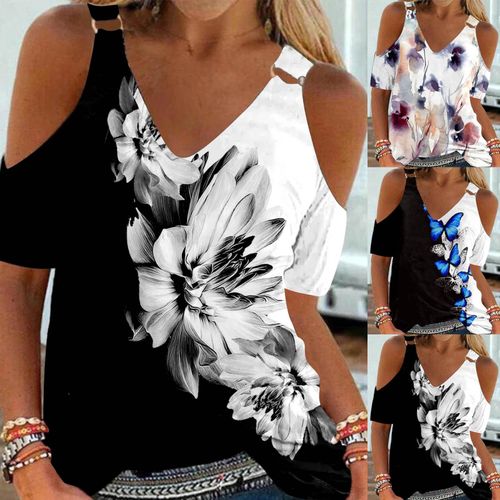 Shop Fashion (Black-a) Print Off Shoulder Ladies Tops Summer V Neck Short  Sleeve Casual Blouse 2022 Hot Women Outfits Party Dress Shirts CHA Online