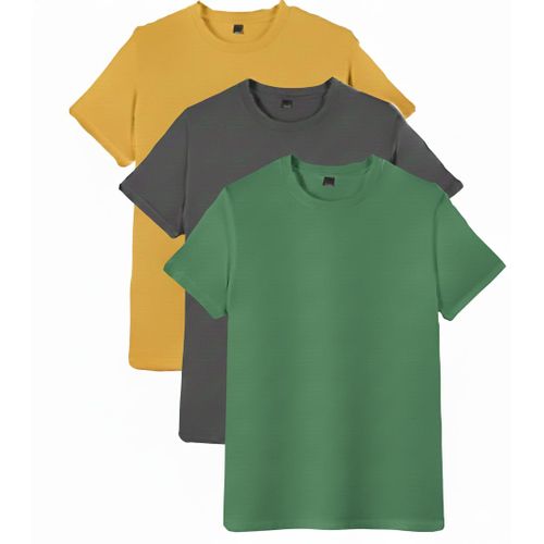 product_image_name-Generic-3PCS Unisex Round Neck Pure Cotton Short-Sleeved T-shirt - 3 Pieces - Yellow / Dark Grey / Green-1
