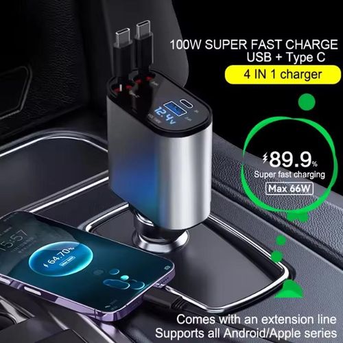 Generic  4 IN 1 120W Car Charger Retractable Adapter USB Type C Fast Charger Cable - image 3