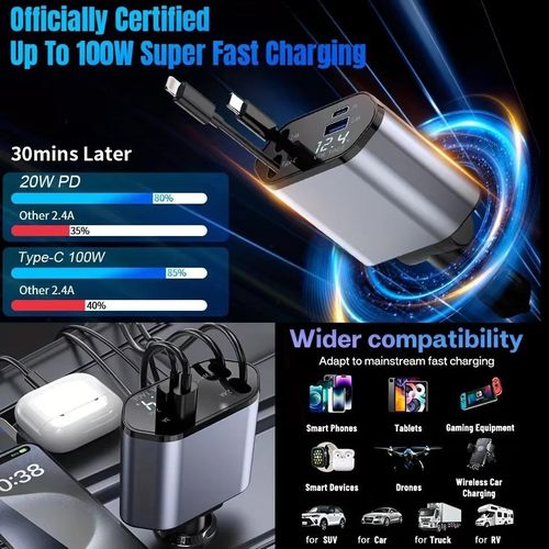 Generic  4 IN 1 120W Car Charger Retractable Adapter USB Type C Fast Charger Cable - image 6