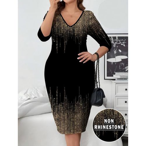 product_image_name-CALLIARA-Plus Size Black Gold Gradient Foil Print V-Neck 3/4 Sleeve Bodycon Midi Dress, Party & Evening Gown-1