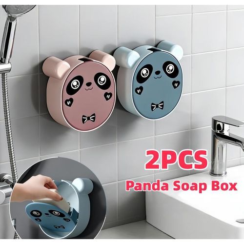product_image_name-Generic-2PCS Wall-Mounted Cartoon Panda  Soap Box with Lid Light Luxury Soap Holder Punch-Free Soap Box Drain Laundry Soap Box For Bathroom Kitchen-1