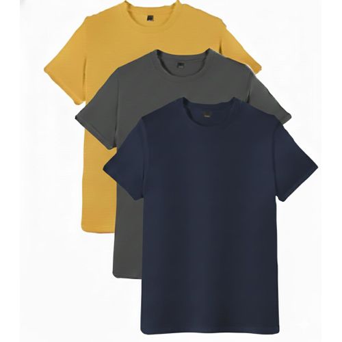 product_image_name-Generic-3PCS Unisex Round Neck Pure Cotton Short-Sleeved T-shirt - 3 Pieces - Yellow / Dark Grey / Blue Black-1
