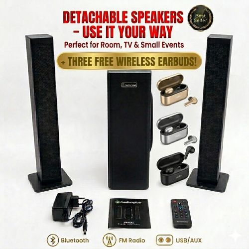 product_image_name-Generic-Media Bluetooth Home Speaker System + Free 3 Wireless Earbuds with Detachable Soundbars & Subwoofer - Loud Clear Sound for TV, Room & Small Events - TRUSTED SELLER!!!-1