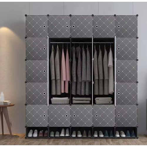 product_image_name-White Label-25 Cubes Plastic Wardrobe With Shoe Rack - Black-1