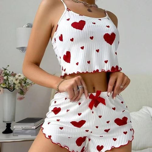 product_image_name-Generic-2-Piece Women's Ribbed Heart Print Pajama Set - White/Red-1