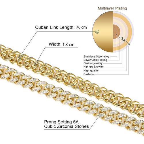 product_image_name-Fashion-Men’s Golden Cuban Link Chain, Iced Out Cuban Necklace and Bracelet for Men Women, Gold Plated Diamond Chain Hip Hop Jewelry-4