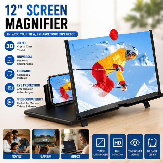 Generic 12" Screen Magnifier,3D HD Mobile Phone Magnifier Projector Screen Enlarger for Movies, Videos, and Gaming,Foldable Cell Phone Stand with Screen Amplifier,Gifts for Mom Dad(Black, 12inch)