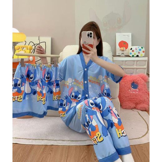 3 In 1 PCS Women's Strawberry Print Cami Top and Shorts Pajama Set - Blue/Multicolor
