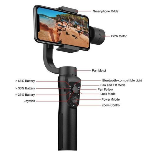 Generic S5B 3-Axis Gimbal Stabilizer for Smartphones & Action Cameras, Face/Object Tracking, Anti-Shake, 12H Battery, Black, USB Connector - Black - image 2