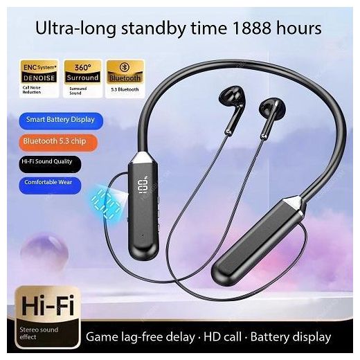 Generic Necklace headphones Lite Call  Wireless Bluetooth Headphones 30Hr Playtime Lightweight and portable - Black