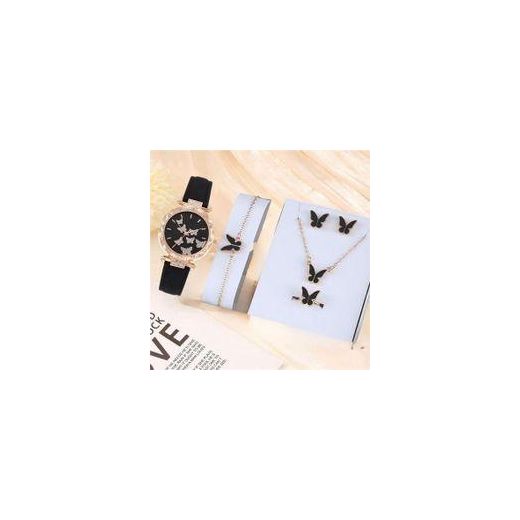 Women's Watch + Necklace + Ring + Earrings + Bracelet Butterfly Set - Black