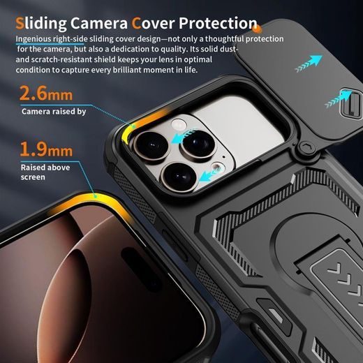Sendo Phone Case, Compatible With Iphone 16 Pro Max High Quality Shockproof Armour Case With Slide Window Camera Lens Protection And A Folding Stand - Black - image 3