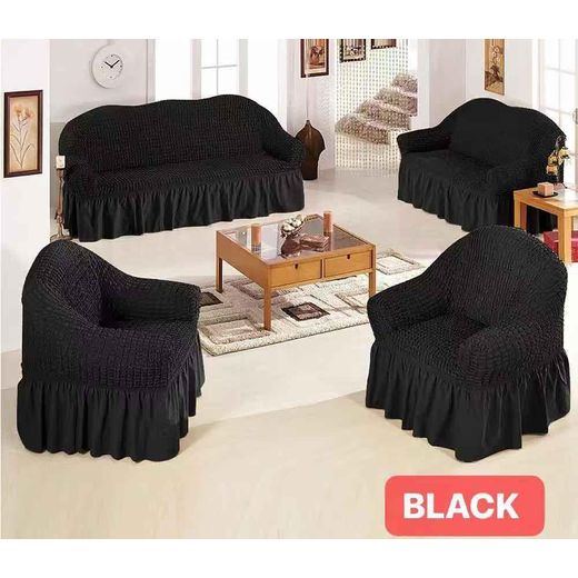 OMAMA HOME TEXTILE Stretchable Elastic Sofa Cover Set – 1+1+1+3 Seater Sofa Protector Slipcover – Black