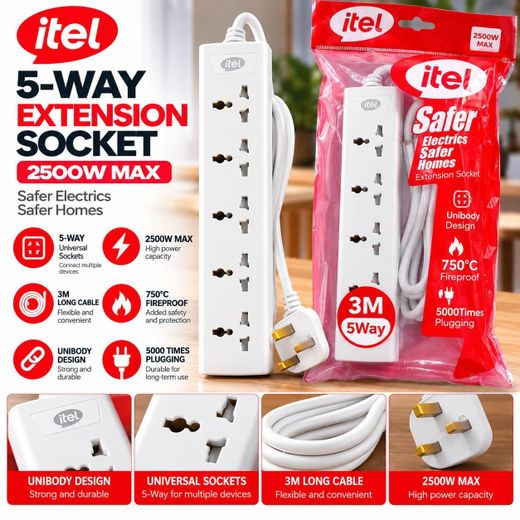 Itel Original 5-Way Extension Socket – 2500W Max, 3M Cable – Heavy-Duty Universal Power Strip