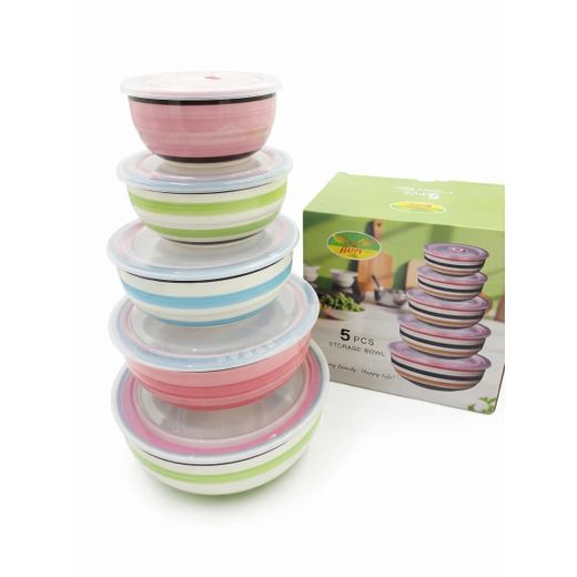 5-Piece Nested Ceramic Food Storage Bowl Set - Striped Porcelain Bowls with Air-Tight Lids