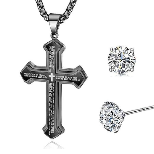 Fashion 2-Piece Lord's Prayer Cross Necklace + Diamond Stud Earrings Set