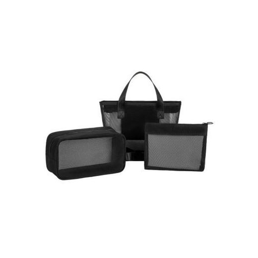 3Pcs Plain Nylon Mesh Travel Makeup Bag Set with Tote, Triangle & Horizontal Toiletry Bags