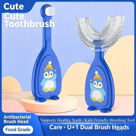 Generic 2-in-1 Kids Manual U-Shaped Toothbrush, Baby Oral Silicone Soft Bite Tooth Cleaner (blue & yellow) - image 3