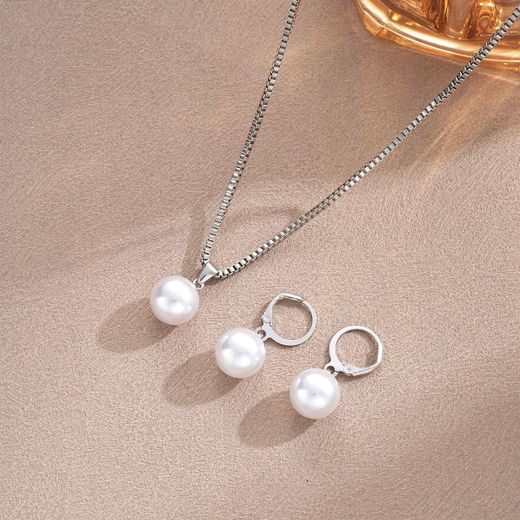 DORXTI Modern Radiance: Sterling Silver Finish Pearl Pendant & Drop Earring Set