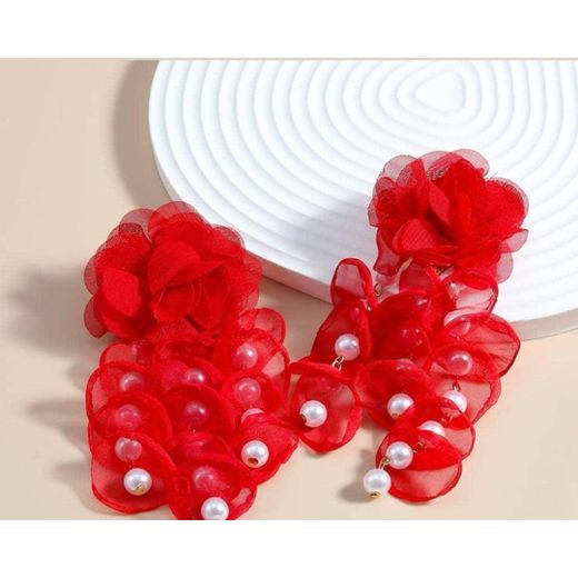 Generic Elegant Red Rose Petal Drop Earrings with Pearls – Statement Jewelry for Women - image 2