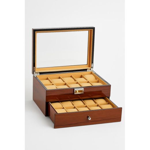 Generic Wooden Watch Storage Box with Glass Display Lid and Multiple Compartments – Brown - image 3