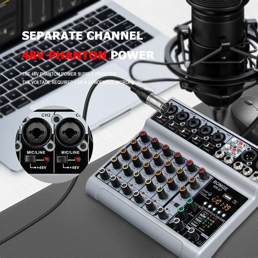 BOMGE BM-07 Audio Mixer, Sound Board Mixing Console with 7 Channels Digital USB Bluetooth Echo Delay Effect, Input 48V Phantom Power Stereo DJ Mixers for Recording, Live Streaming, Podcasting - image 2