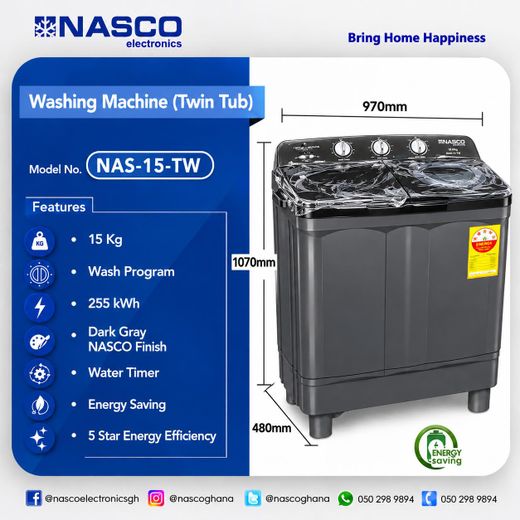 Nasco 15KG Twin Semi - Automatic Top Washing Machine (NAS-15-TW) - image 2
