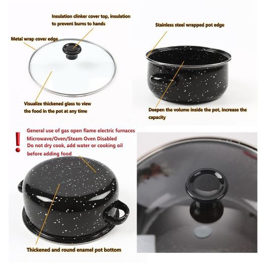 Generic 3-Piece Enamel Soup Pot Set With Glass Lids, Multi-functional Cooking Stock Pot For Stew & Soup - Black - image 4