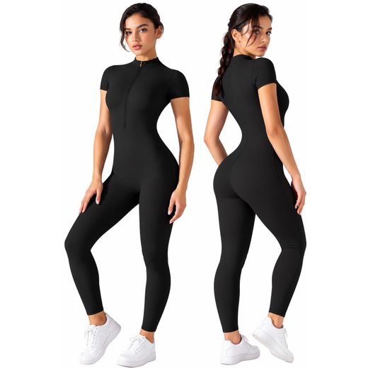 Fashion Women’s Short Sleeve Full-Length Romper Zip-Up Front, Fitted Casual Jumpsuit -Black