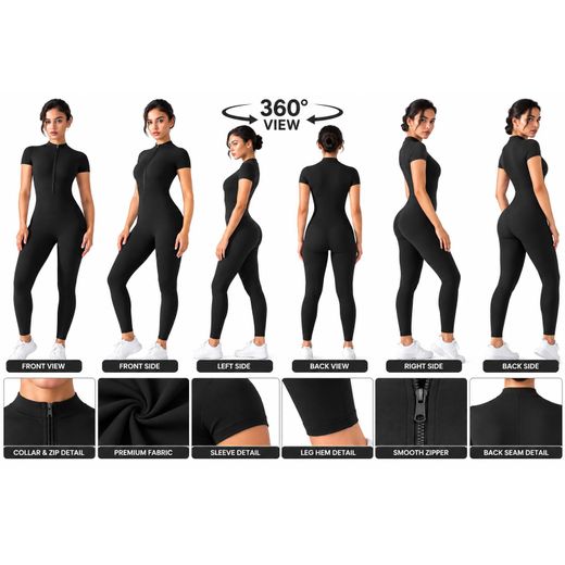 Fashion Women’s Short Sleeve Full-Length Romper Zip-Up Front, Fitted Casual Jumpsuit -Black - image 3